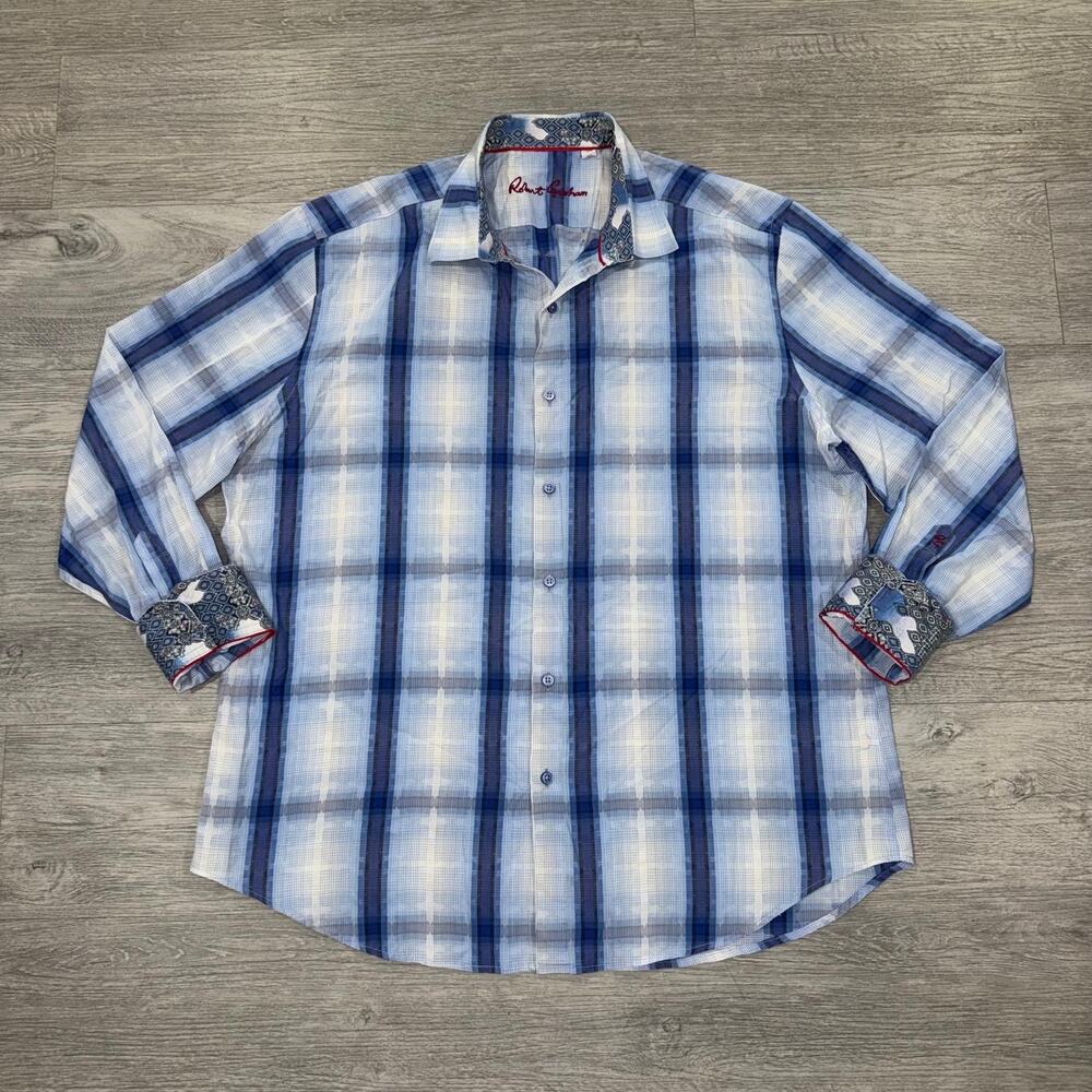Robert Graham Dress Shirt Mens 2XL XXL Blue White Long Sleeve Button Up